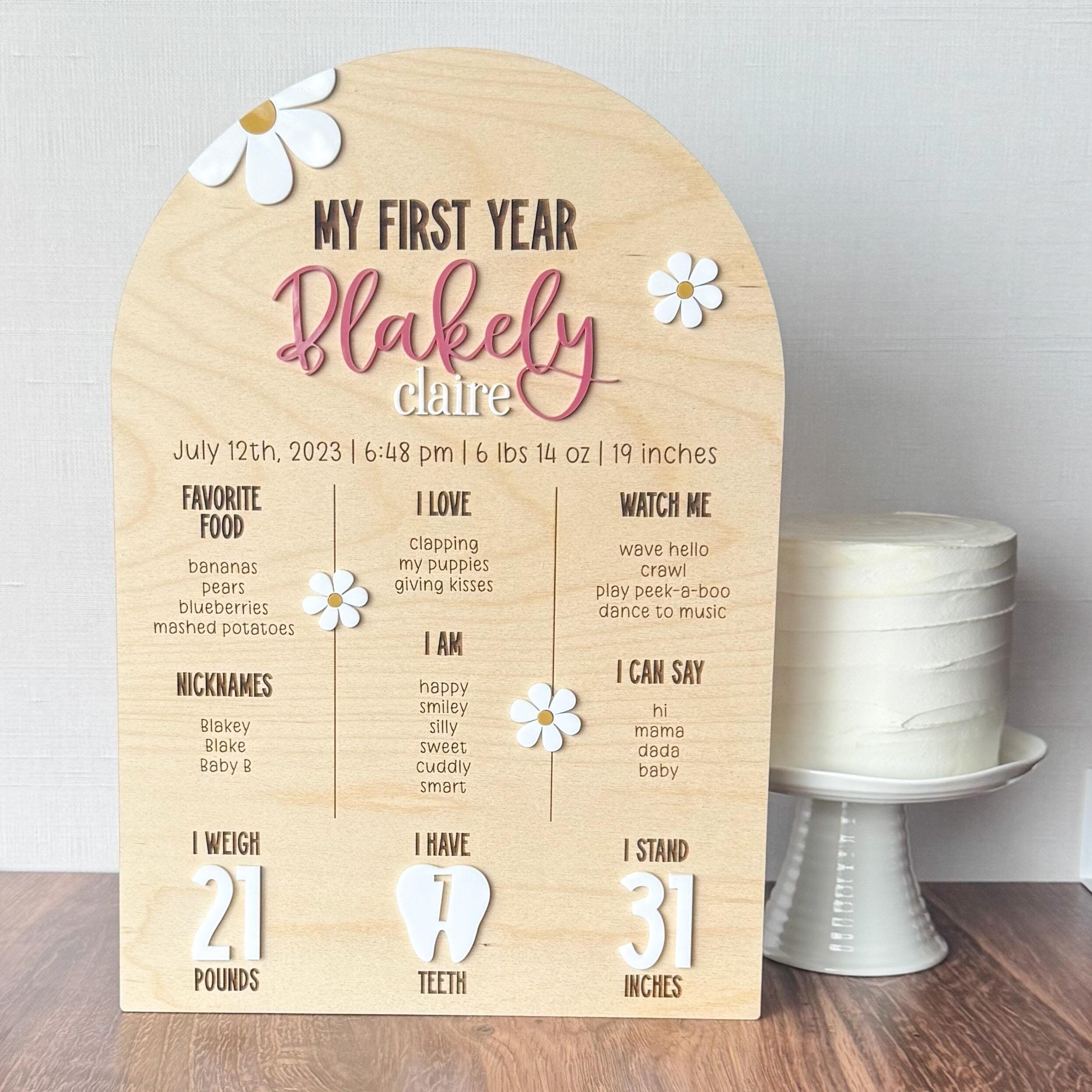 Personalized Floral Milestone Birthday Board | Daisy First Year Birthday Plaque | Baby's First Birthday Party | Arched Birthday Board
