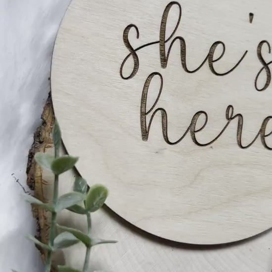 She's Here Wooden Sign | He's Here Wooden Sign | Birth Announcement Sign | Gender Announcement Sign | Gender Reveal Photo Prop | Birth Sign