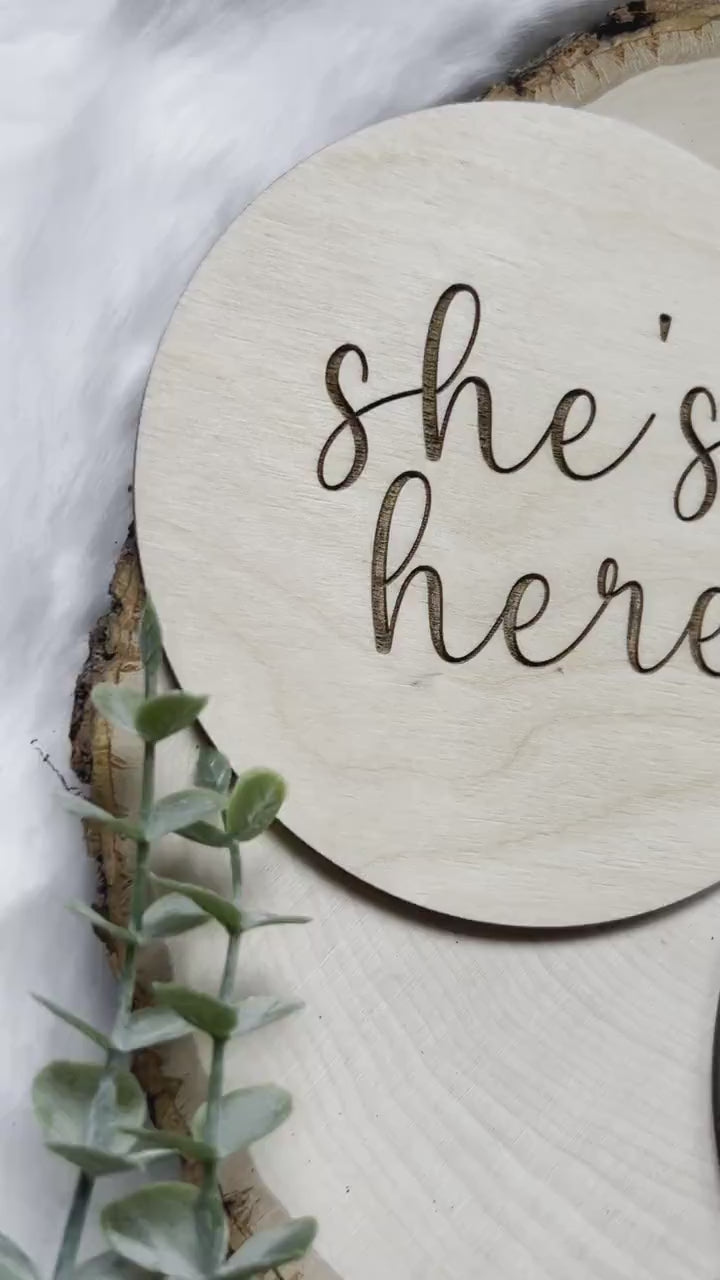 She's Here Wooden Sign | He's Here Wooden Sign | Birth Announcement Sign | Gender Announcement Sign | Gender Reveal Photo Prop | Birth Sign