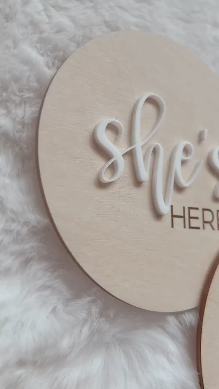 She's Here Wooden Sign | He's Here Wooden Sign | Birth Announcement Sign | Gender Announcement Sign | Gender Reveal Photo Prop | Birth Sign